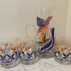 Anthropologie Sarah Gordon Glass Pitcher 3 Juice Glasses Bird Floral Design